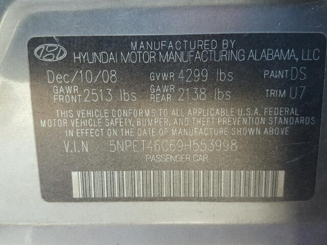 5NPET46C69H553998 - 2009 HYUNDAI SONATA GLS GRAY photo 10