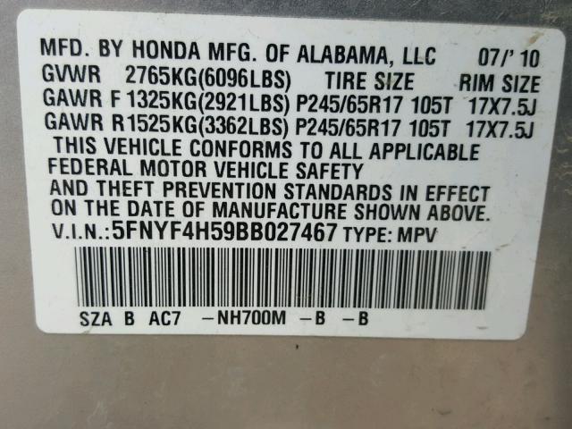 5FNYF4H59BB027467 - 2011 HONDA PILOT EXL SILVER photo 10