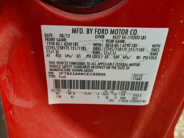 1FT8X3A68CEC55859 - 2012 FORD F350 SUPER RED photo 10