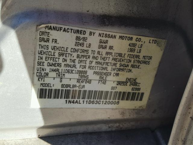 1N4AL11D63C120008 - 2003 NISSAN ALTIMA BAS SILVER photo 10