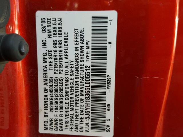 5J6YH18365L005512 - 2005 HONDA ELEMENT LX ORANGE photo 10