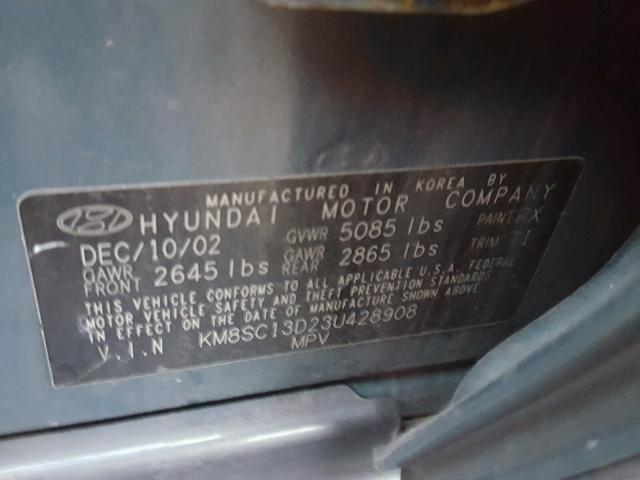 KM8SC13D23U428908 - 2003 HYUNDAI SANTA FE G GREEN photo 10