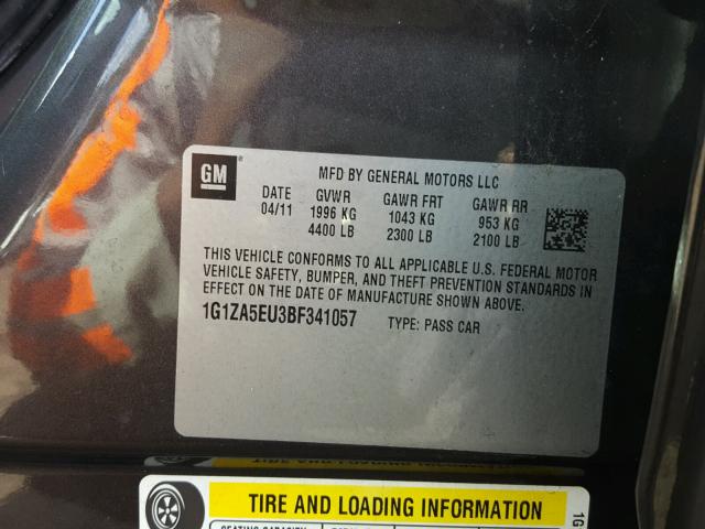 1G1ZA5EU3BF341057 - 2011 CHEVROLET MALIBU LS ნაცრისფერი ფოტო 10