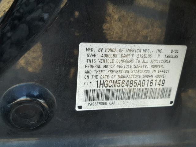 1HGCM56485A016149 - 2005 HONDA ACCORD LX BLACK photo 10