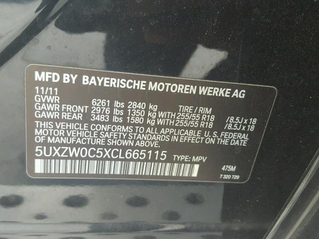 5UXZW0C5XCL665115 - 2012 BMW X5 XDRIVE3 BLACK photo 10