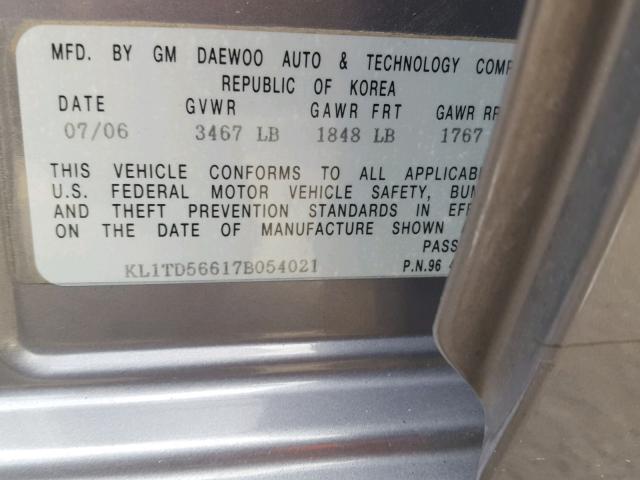 KL1TD56617B054021 - 2007 CHEVROLET AVEO BASE Сұр фото 10