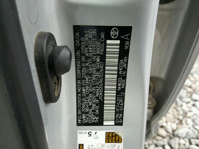 JTDKB20U967076401 - 2006 TOYOTA PRIUS SILVER photo 10