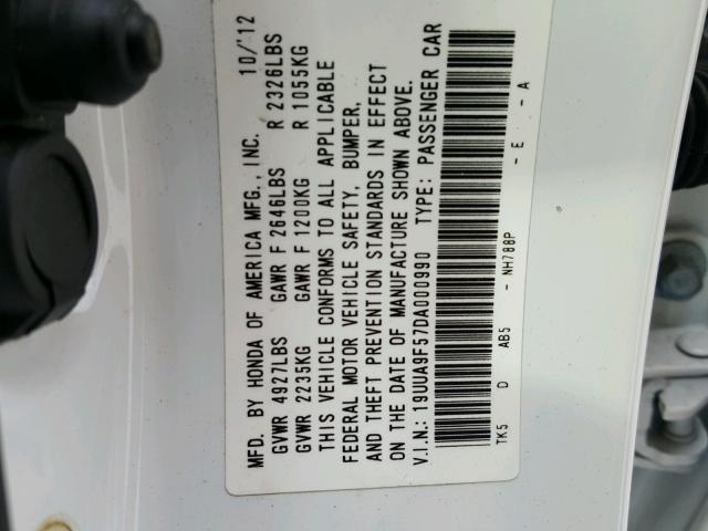 19UUA9F57DA000990 - 2013 ACURA TL TECH WHITE photo 10