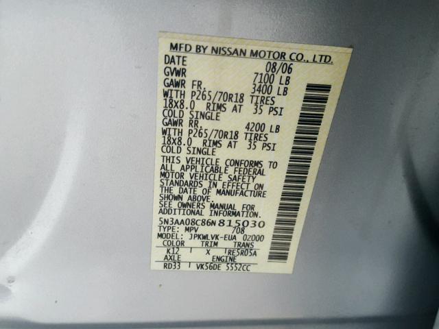 5N3AA08C86N815030 - 2006 INFINITI QX56 SILVER photo 10