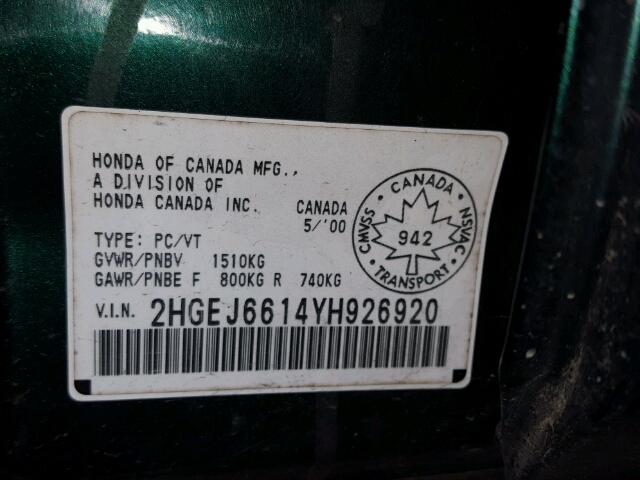 2HGEJ6614YH926920 - 2000 HONDA CIVIC BASE Yaşıl foto 10