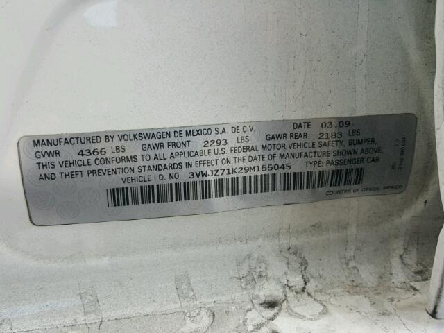 3VWJZ71K29M155045 - 2009 VOLKSWAGEN JETTA S 白色 照片 10