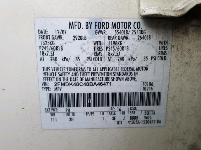 2FMDK48C48BA46471 - 2008 FORD EDGE SEL CREAM photo 10