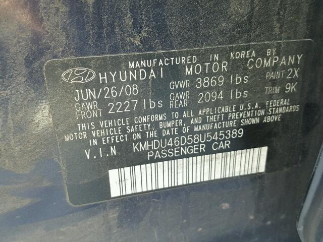 KMHDU46D58U545389 - 2008 HYUNDAI ELANTRA GL BLUE photo 10