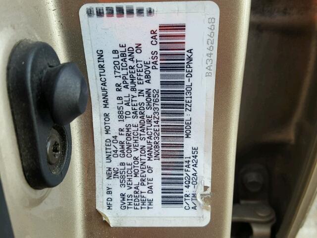 1NXBR32E14Z337652 - 2004 TOYOTA COROLLA CE GOLD photo 10