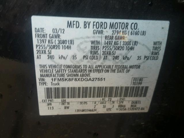 1FM5K8F8XDGA27551 - 2013 FORD EXPLORER L BLACK photo 10