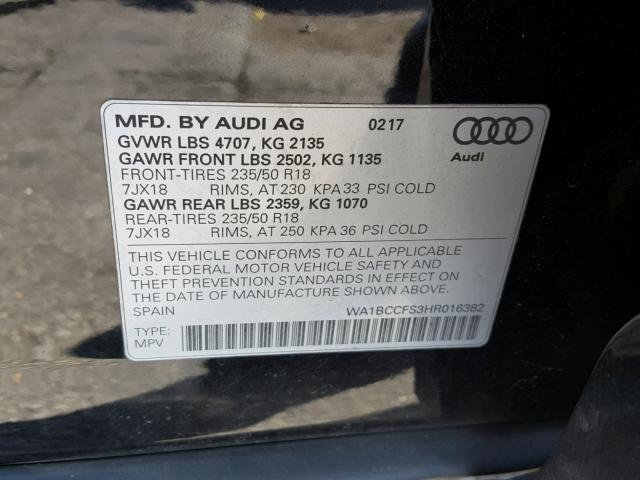 WA1BCCFS3HR016382 - 2017 AUDI Q3 PREMIUM BLACK photo 10