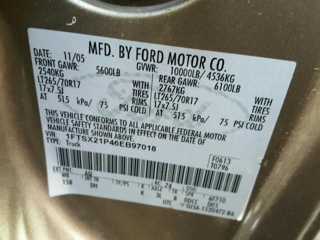 1FTSX21P46EB97018 - 2006 FORD F250 SUPER GOLD photo 10