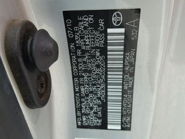 JTKDE3B75A0322075 - 2010 TOYOTA SCION TC 银色 照片 10