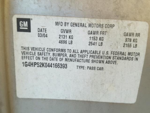 1G4HP52K044166393 - 2004 BUICK LESABRE CU GRAY photo 10