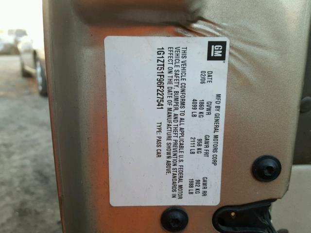 1G1ZT51F96F227541 - 2006 CHEVROLET MALIBU LT Qızıl foto 10