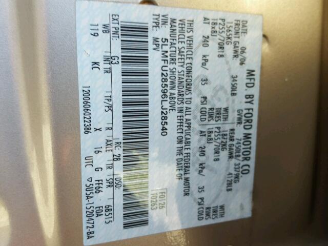 5LMFU28596LJ28540 - 2006 LINCOLN NAVIGATOR BEIGE photo 10