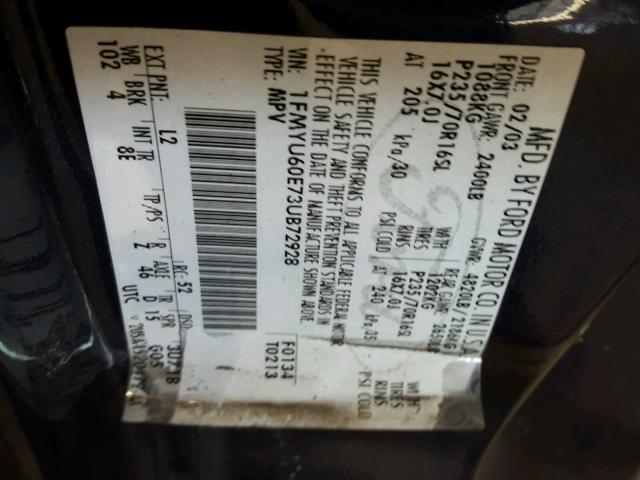 1FMYU60E73UB72928 - 2003 FORD EXPLORER S BLUE photo 10