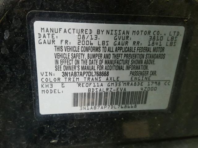 3N1AB7AP7DL768668 - 2013 NISSAN SENTRA S BLACK photo 10