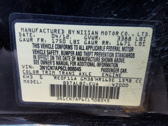 3N1CN7AP6CL908045 - 2012 NISSAN VERSA S BLACK photo 10