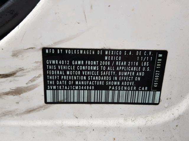 3VW1K7AJ1CM344949 - 2012 VOLKSWAGEN JETTA BASE WHITE photo 10