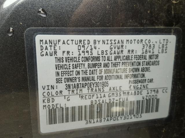 3N1AB7AP0EY301905 - 2014 NISSAN SENTRA S GRAY photo 10