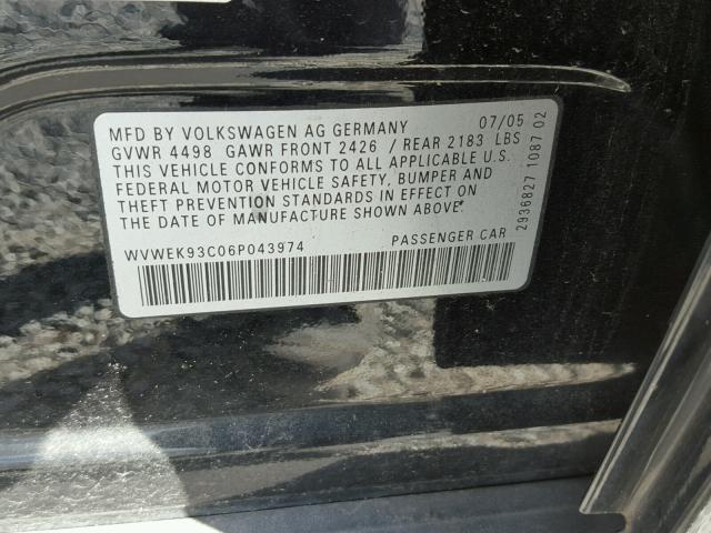 WVWEK93C06P043974 - 2006 VOLKSWAGEN PASSAT 2.0 BLACK photo 10