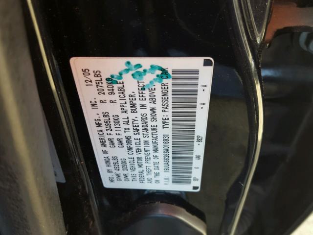 19UUA66266A016931 - 2006 ACURA 3.2TL BLACK photo 10