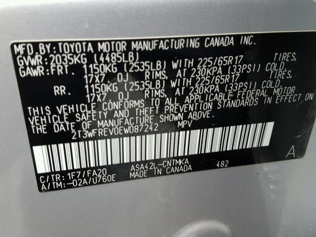 2T3WFREV0EW087242 - 2014 TOYOTA RAV4 XLE SILVER photo 10