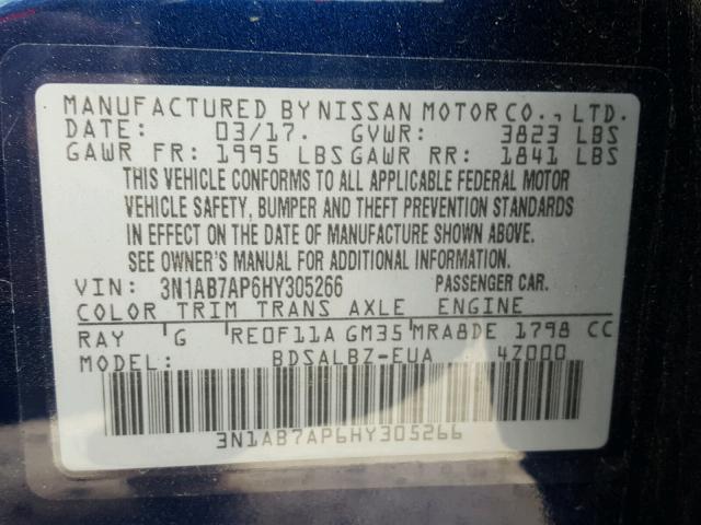 3N1AB7AP6HY305266 - 2017 NISSAN SENTRA S BLUE photo 10