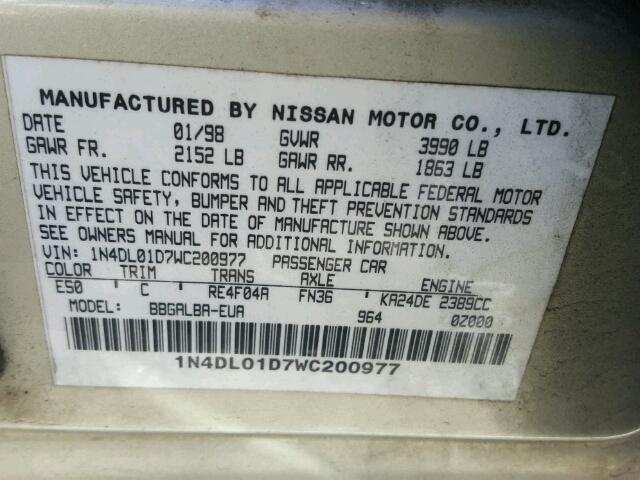 1N4DL01D7WC200977 - 1998 NISSAN ALTIMA XE GOLD photo 10