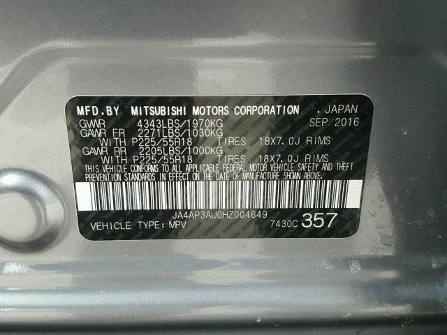 JA4AP3AU0HZ004649 - 2017 MITSUBISHI OUTLANDER GRAY photo 10