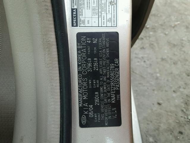 KNAFE121855080789 - 2005 KIA NEW SPECTR GRAY photo 10