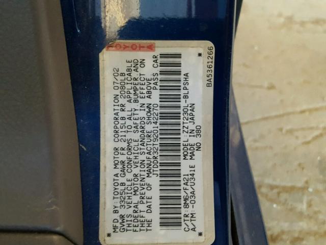 JTDDR32T920142270 - 2002 TOYOTA CELICA GT BLUE photo 10