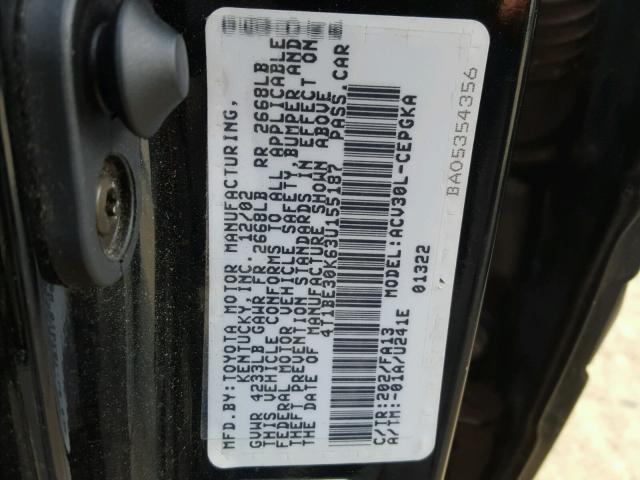 4T1BE30K63U155187 - 2003 TOYOTA CAMRY LE BLACK photo 10