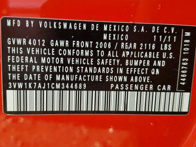 3VW1K7AJ1CM344689 - 2012 VOLKSWAGEN JETTA BASE RED photo 10