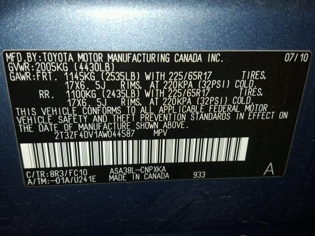 2T3ZF4DV1AW044587 - 2010 TOYOTA RAV4 BLUE photo 10