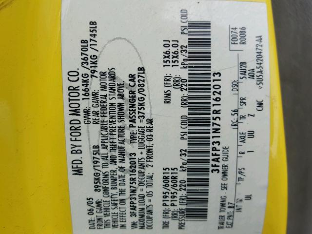 3FAFP31N75R162013 - 2005 FORD FOCUS ZX3 YELLOW photo 10
