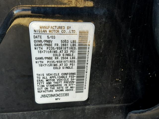 JN8AZ08WX3W233389 - 2003 NISSAN MURANO SL BLACK photo 10