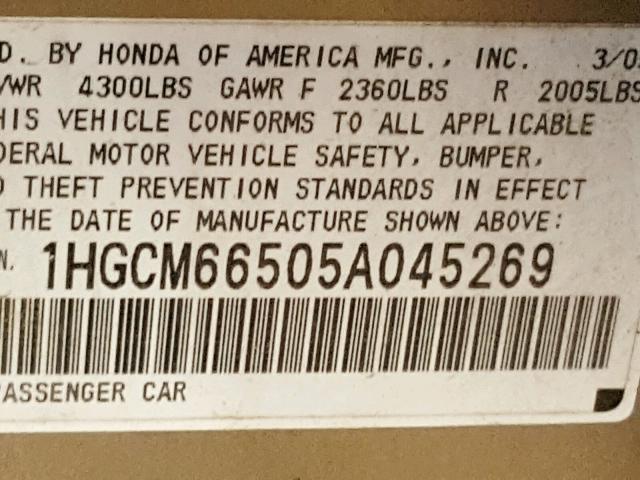 1HGCM66505A045269 - 2005 HONDA ACCORD EX GOLD photo 10