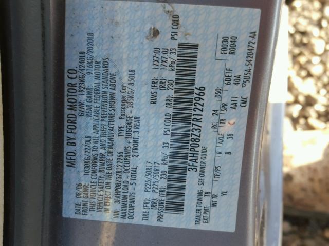 3FAHP08Z37R122966 - 2007 FORD FUSION SEL GRAY photo 10