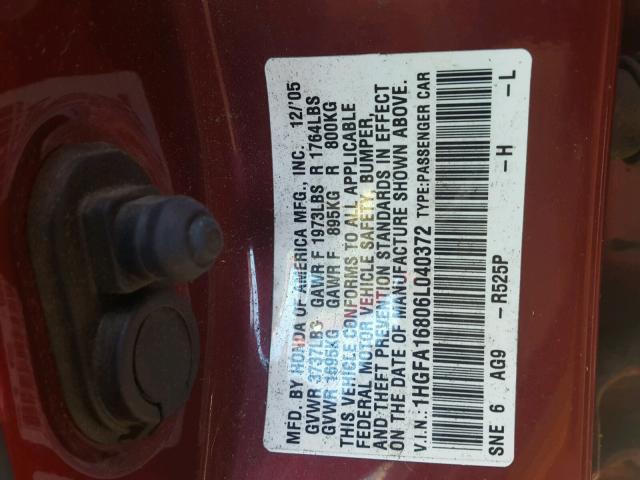 1HGFA16806L040372 - 2006 HONDA CIVIC EX RED photo 10