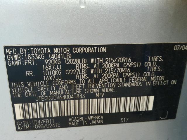 JTEGD20V640041843 - 2004 TOYOTA RAV4 SILVER photo 10