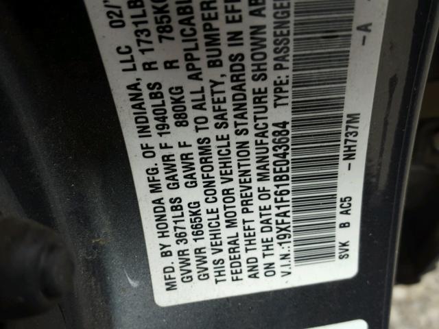 19XFA1F61BE043684 - 2011 HONDA CIVIC LX-S Boz foto 10