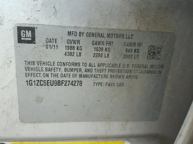 1G1ZC5EU9BF274278 - 2011 CHEVROLET MALIBU 1LT 银色 照片 10