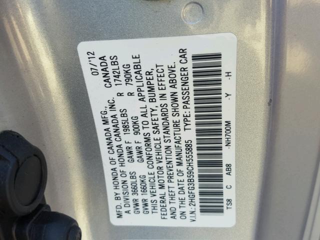 2HGFG3B59CH555885 - 2012 HONDA CIVIC LX SILVER photo 10